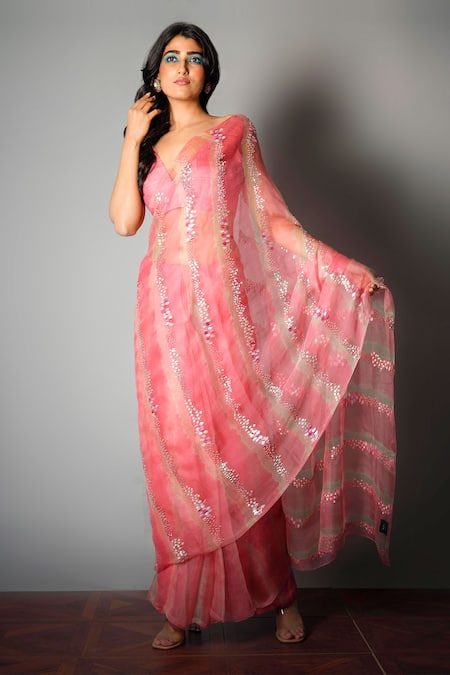 Buy Saksham & Neharicka Pink Silk Organza Saree With Blouse Fabric Online at Aza Fashions Buy_Saksham & Neharicka_Pink Silk Organza Saree With Blouse Fabric_Online_at_Aza_Fashions