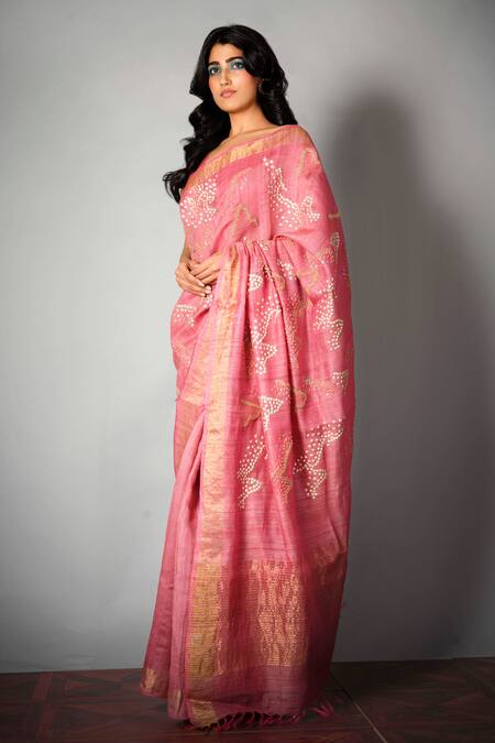 Saksham & Neharicka Pink Tussar Silk Saree With Blouse Fabric Online at Aza Fashions Saksham & Neharicka_Pink Tussar Silk Saree With Blouse Fabric _Online_at_Aza_Fashions