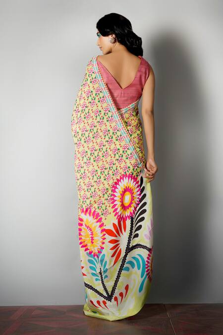 Shop Saksham & Neharicka Multi Color Silk Printed Saree With Blouse Fabric at Aza Fashions Shop_Saksham & Neharicka_Multi Color Silk Printed Saree With Blouse Fabric_at_Aza_Fashions