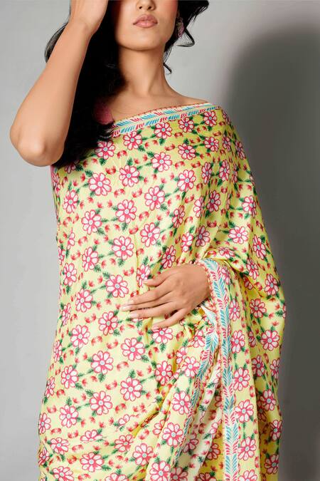 Shop Saksham & Neharicka Multi Color Silk Printed Saree With Blouse Fabric Online at Aza Fashions Shop_Saksham & Neharicka_Multi Color Silk Printed Saree With Blouse Fabric_Online_at_Aza_Fashions
