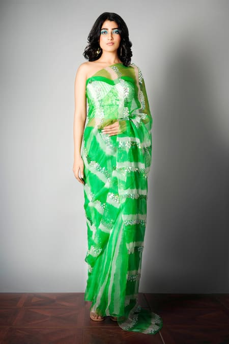 SAKSHAM & NEHARICKA Green Silk Organza Saree With Blouse Fabric 