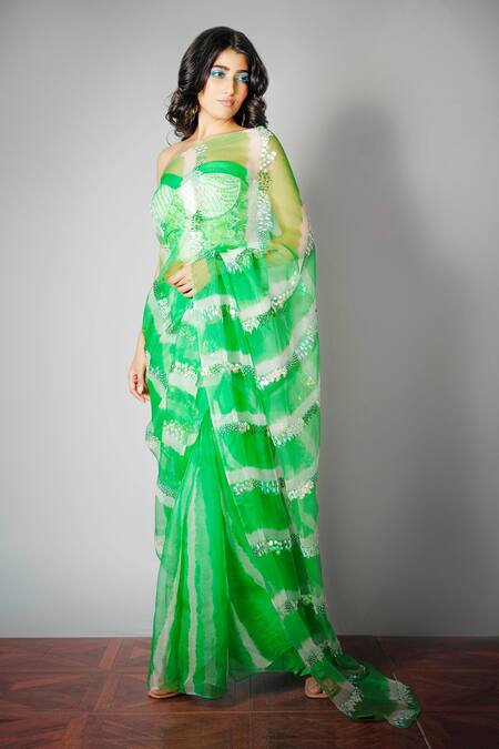 Saksham & Neharicka_Green Silk Organza Saree With Blouse Fabric_Online_at_Aza_Fashions