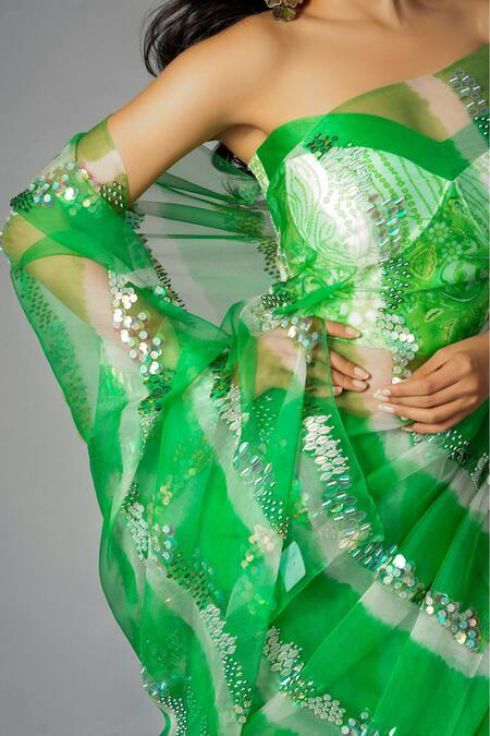 Shop_Saksham & Neharicka_Green Silk Organza Saree With Blouse Fabric_Online_at_Aza_Fashions