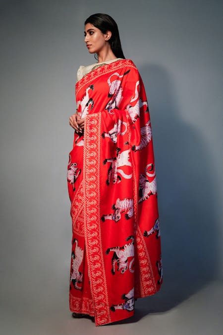 Buy_Saksham & Neharicka_Red Saree Chanderi Blouse Lurex Floral, Tiger Printed_Online_at_Aza_Fashions