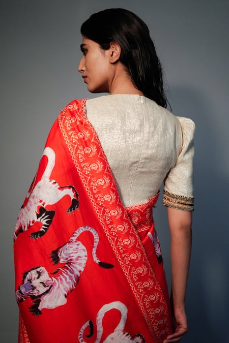 Shop_Saksham & Neharicka_Red Saree Chanderi Blouse Lurex Floral, Tiger Printed_Online_at_Aza_Fashions