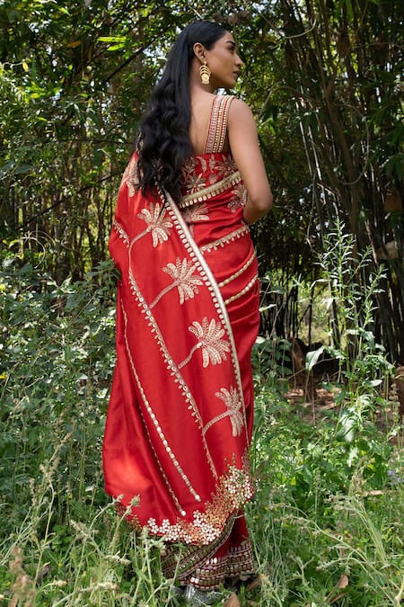Shop Saksham & Neharicka Red Chanderi Sequin And Thread Embroidered Saree With Unstitched Blouse Piece at Aza Fashions Shop_Saksham & Neharicka_Red Chanderi Sequin And Thread Embroidered Saree With Unstitched Blouse Piece _at_Aza_Fashions