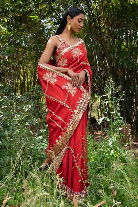 Saksham & Neharicka Red Chanderi Sequin And Thread Embroidered Saree With Unstitched Blouse Piece Online at Aza Fashions Saksham & Neharicka_Red Chanderi Sequin And Thread Embroidered Saree With Unstitched Blouse Piece _Online_at_Aza_Fashions