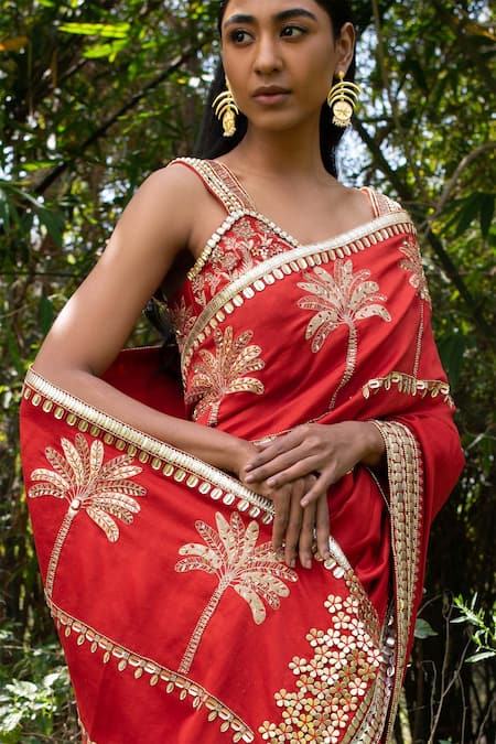 Shop Saksham & Neharicka Red Chanderi Sequin And Thread Embroidered Saree With Unstitched Blouse Piece Online at Aza Fashions Shop_Saksham & Neharicka_Red Chanderi Sequin And Thread Embroidered Saree With Unstitched Blouse Piece _Online_at_Aza_Fashions