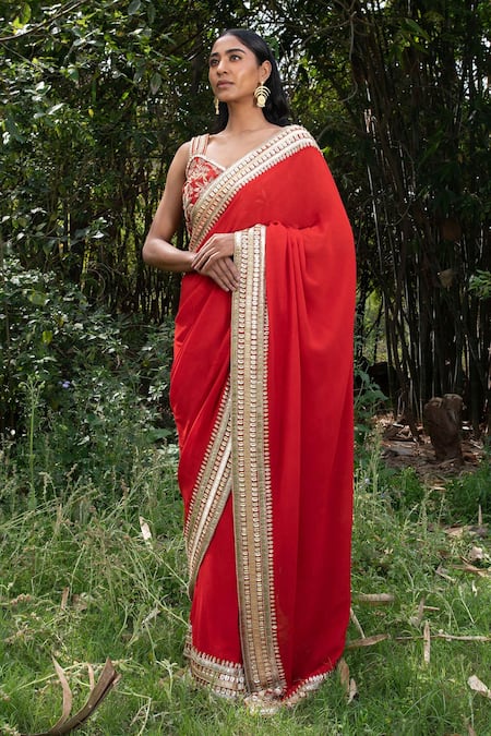 SAKSHAM & NEHARICKA Red Georgette Embroidery Sequin Saree With Unstitched Blouse Piece 