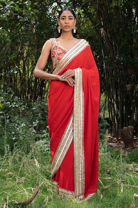 Buy_Saksham & Neharicka_Red Georgette Sequin Embroidered Saree With Unstitched Blouse Piece_Online_at_Aza_Fashions