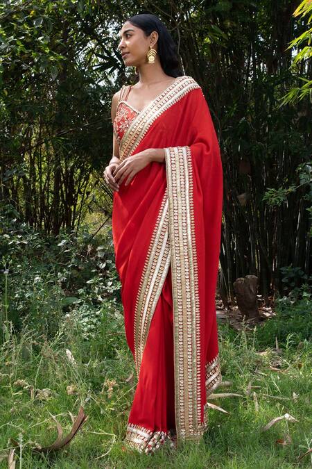 Shop_Saksham & Neharicka_Red Georgette Sequin Embroidered Saree With Unstitched Blouse Piece_Online_at_Aza_Fashions