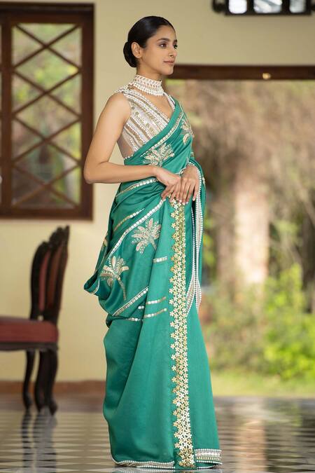 Saksham & Neharicka Green Chanderi Pearl And Sequin Embroidered Saree With Unstitched Blouse Piece Online at Aza Fashions Saksham & Neharicka_Green Chanderi Pearl And Sequin Embroidered Saree With Unstitched Blouse Piece_Online_at_Aza_Fashions