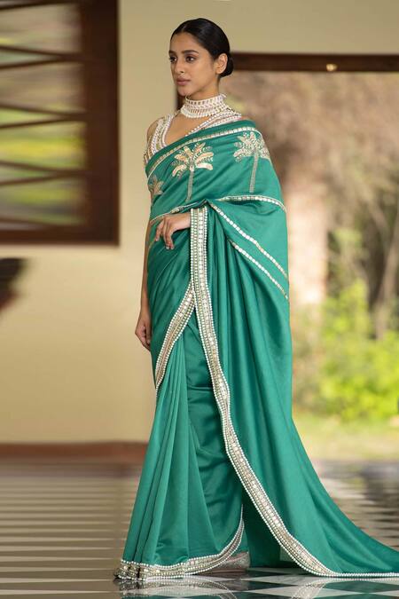 Buy Saksham & Neharicka Green Chanderi Pearl And Sequin Embroidered Saree With Unstitched Blouse Piece Online at Aza Fashions Buy_Saksham & Neharicka_Green Chanderi Pearl And Sequin Embroidered Saree With Unstitched Blouse Piece_Online_at_Aza_Fashions