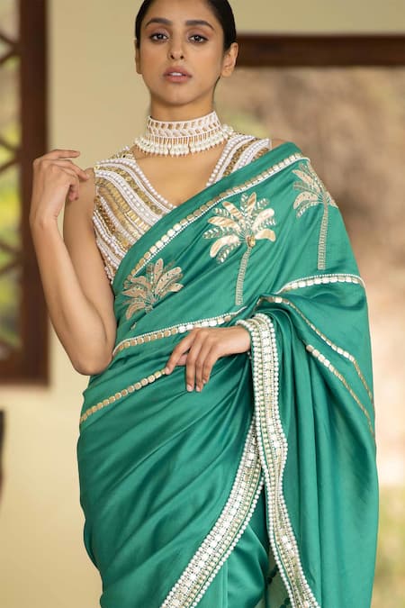 Saksham & Neharicka Green Chanderi Pearl And Sequin Embroidered Saree With Unstitched Blouse Piece at Aza Fashions Saksham & Neharicka_Green Chanderi Pearl And Sequin Embroidered Saree With Unstitched Blouse Piece_at_Aza_Fashions