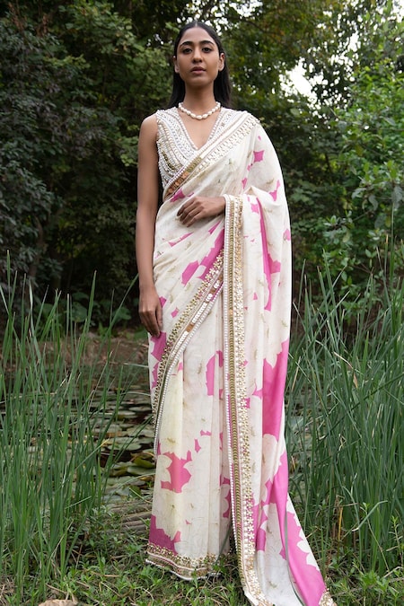 Saksham Neharicka Pink Chanderi Print And Blossom Saree With Unstitched Blouse Piece 