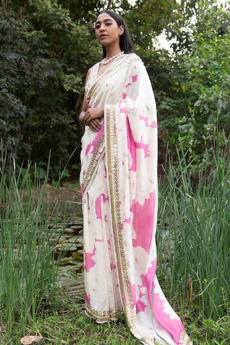 Saksham & Neharicka_Pink Chanderi Floral Print, Pearl And Blossom Saree With Unstitched Blouse Piece_Online_at_Aza_Fashions