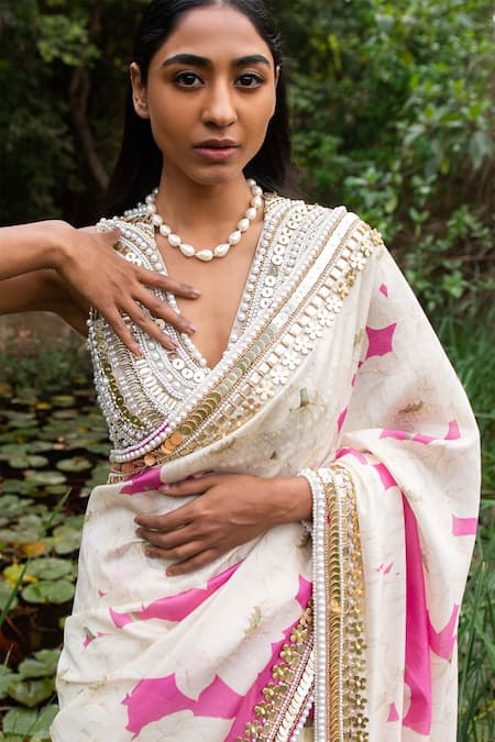 Buy_Saksham & Neharicka_Pink Chanderi Floral Print, Pearl And Blossom Saree With Unstitched Blouse Piece_Online_at_Aza_Fashions