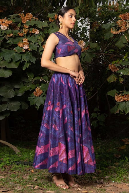 Saksham & Neharicka_Purple Chanderi And Net Abstract Print, Pearl & Sequin V Neck Lehenga Set_Online_at_Aza_Fashions