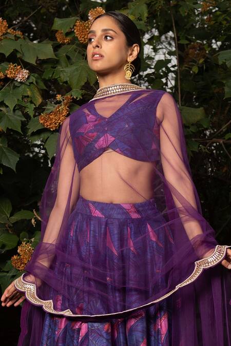 Shop_Saksham & Neharicka_Purple Chanderi And Net Abstract Print, Pearl & Sequin V Neck Lehenga Set_Online_at_Aza_Fashions