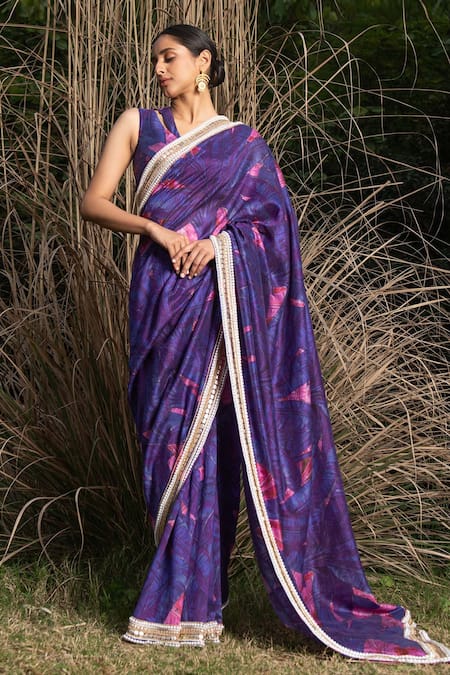 SAKSHAM & NEHARICKA Purple Chanderi Print And Embroidery Saree With Unstitched Blouse Piece 