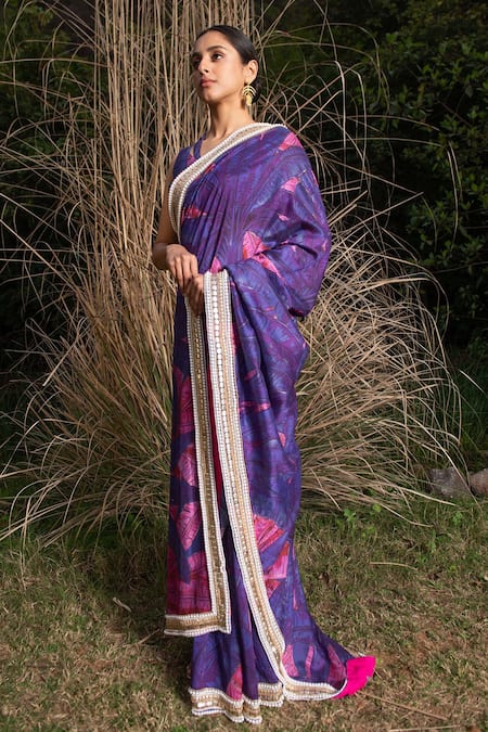 Saksham & Neharicka_Purple Chanderi Abstract Print, Pearl And Saree With Unstitched Blouse Piece_Online_at_Aza_Fashions