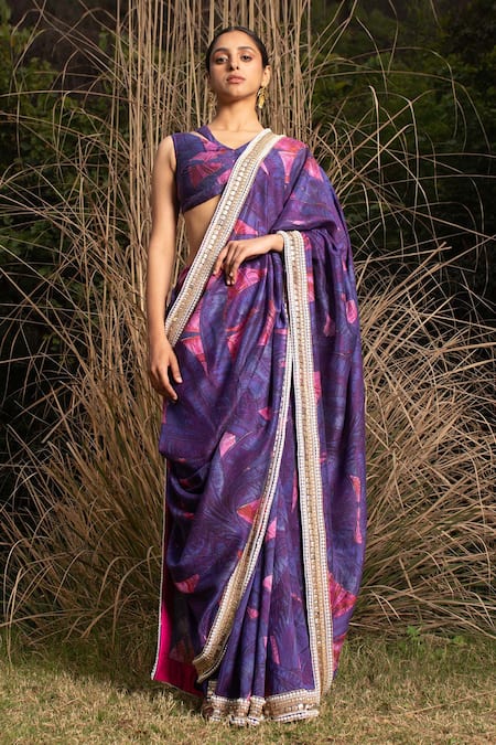 Buy_Saksham & Neharicka_Purple Chanderi Abstract Print, Pearl And Saree With Unstitched Blouse Piece_Online_at_Aza_Fashions