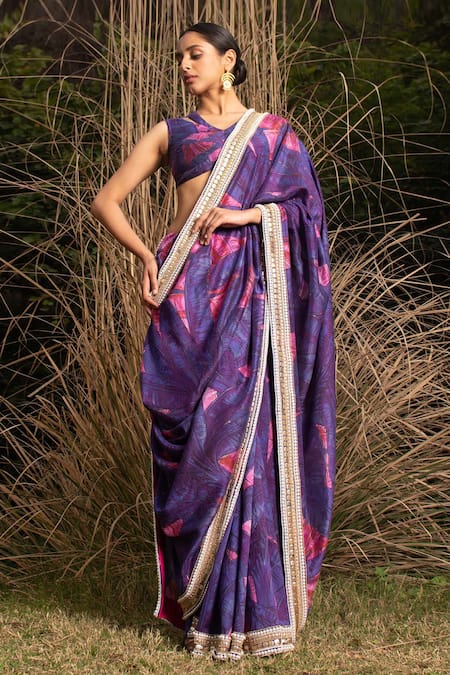Shop_Saksham & Neharicka_Purple Chanderi Abstract Print, Pearl And Saree With Unstitched Blouse Piece_Online_at_Aza_Fashions