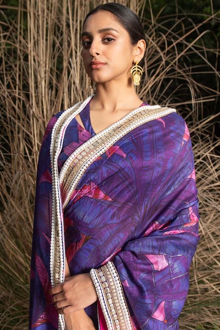 Saksham & Neharicka_Purple Chanderi Abstract Print, Pearl And Saree With Unstitched Blouse Piece_at_Aza_Fashions