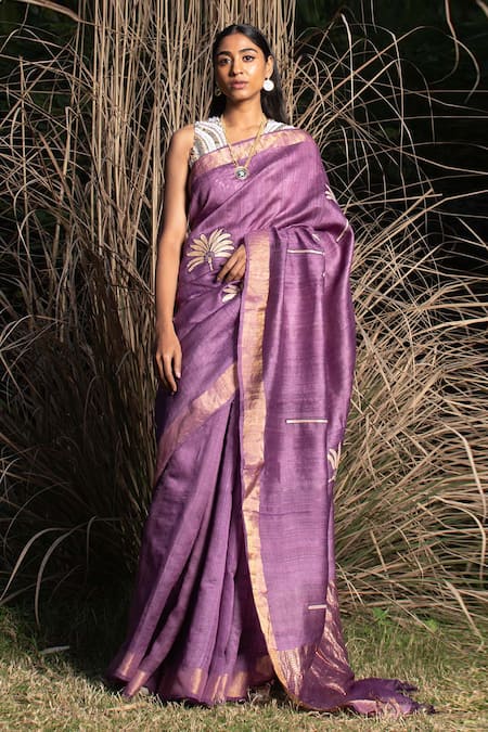 SAKSHAM & NEHARICKA Purple Tussar Silk Patchwork Saree With Unstitched Blouse Piece 