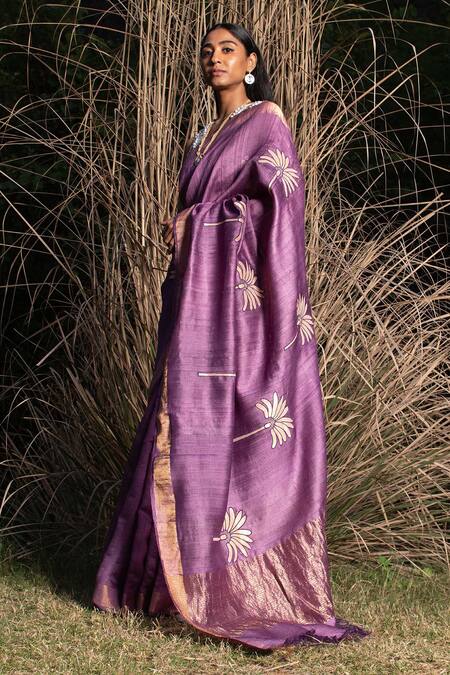 Saksham & Neharicka Purple Tussar Silk Patchwork Saree With Unstitched Blouse Piece Online at Aza Fashions Saksham & Neharicka_Purple Tussar Silk Patchwork Saree With Unstitched Blouse Piece _Online_at_Aza_Fashions