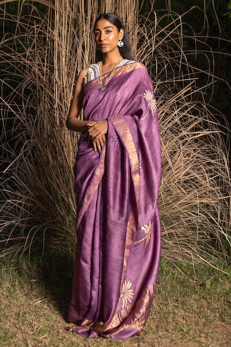 Buy Saksham & Neharicka Purple Tussar Silk Patchwork Saree With Unstitched Blouse Piece Online at Aza Fashions Buy_Saksham & Neharicka_Purple Tussar Silk Patchwork Saree With Unstitched Blouse Piece _Online_at_Aza_Fashions