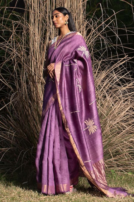Shop Saksham & Neharicka Purple Tussar Silk Patchwork Saree With Unstitched Blouse Piece Online at Aza Fashions Shop_Saksham & Neharicka_Purple Tussar Silk Patchwork Saree With Unstitched Blouse Piece _Online_at_Aza_Fashions
