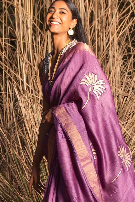 Saksham & Neharicka Purple Tussar Silk Patchwork Saree With Unstitched Blouse Piece at Aza Fashions Saksham & Neharicka_Purple Tussar Silk Patchwork Saree With Unstitched Blouse Piece _at_Aza_Fashions