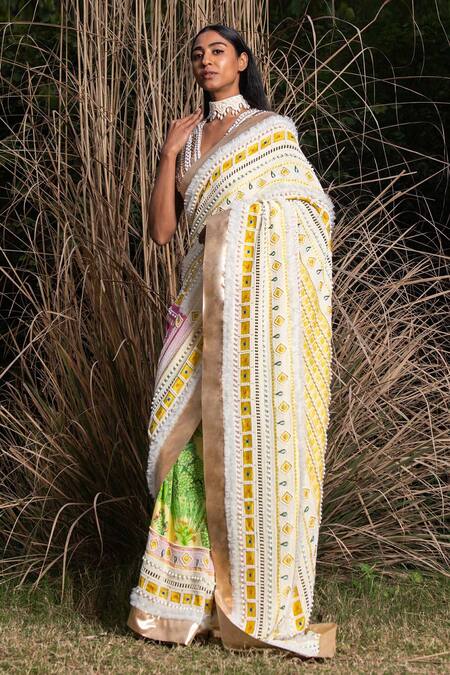 Saksham & Neharicka_Yellow Chanderi Floral Print, Pearl And Sequin Saree With Unstitched Blouse Piece _Online_at_Aza_Fashions