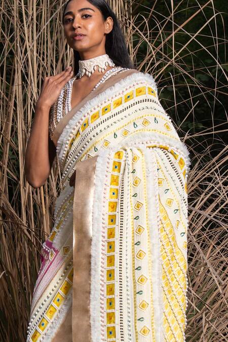 Saksham & Neharicka_Yellow Chanderi Floral Print, Pearl And Sequin Saree With Unstitched Blouse Piece _at_Aza_Fashions