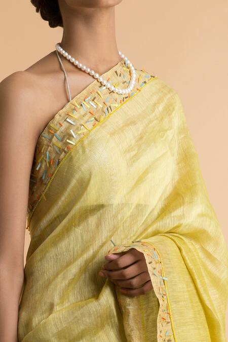 Saksham & Neharicka_Yellow Linen Silk Embroidered Saree_Online_at_Aza_Fashions