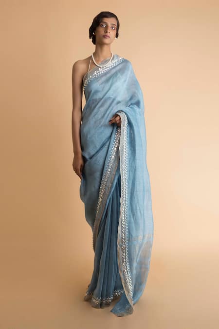 Saksham Neharicka Blue Linen Silk Embroidered Saree 