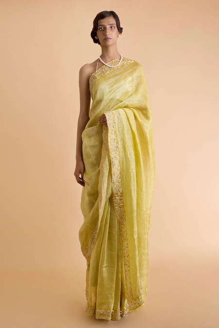 Saksham Neharicka Yellow Linen Silk Embroidered Saree 