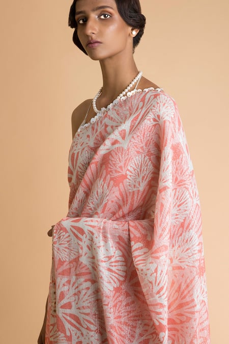 Shop Saksham & Neharicka Coral Embroidered Saree With Unstitched Blouse at Aza Fashions Shop_Saksham & Neharicka_Coral Embroidered Saree With Unstitched Blouse _at_Aza_Fashions