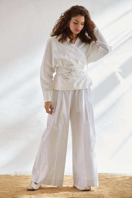 Buy_House Of Three_White Cotton Poplin V Neck Wrap Top With Tie-up _Online_at_Aza_Fashions