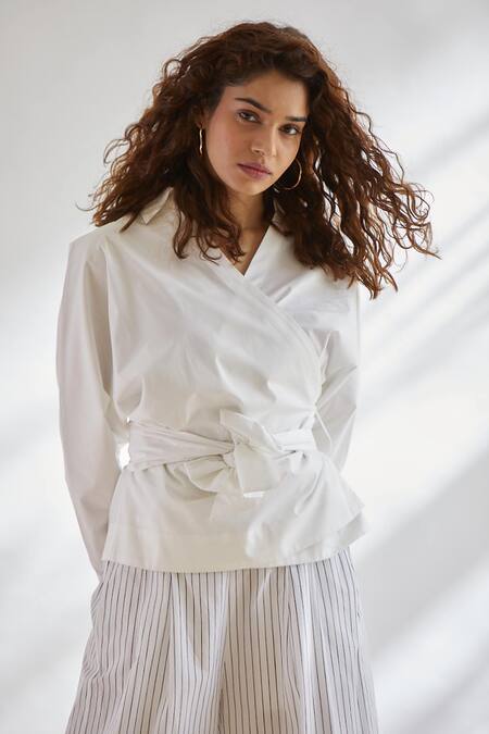 House Of Three_White Cotton Poplin V Neck Wrap Top With Tie-up _Online_at_Aza_Fashions