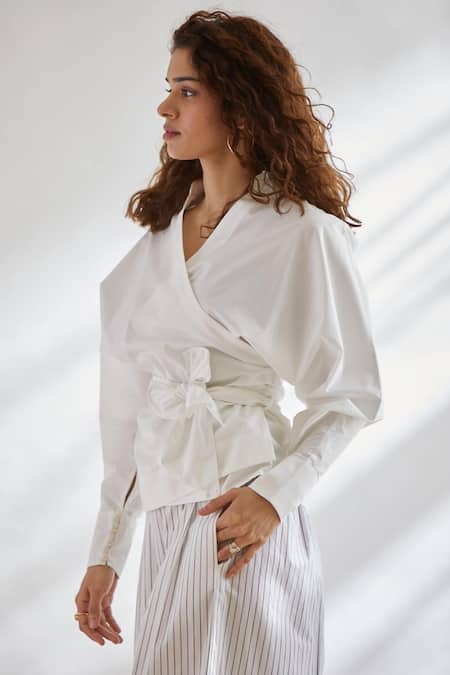Shop_House Of Three_White Cotton Poplin V Neck Wrap Top With Tie-up _Online_at_Aza_Fashions
