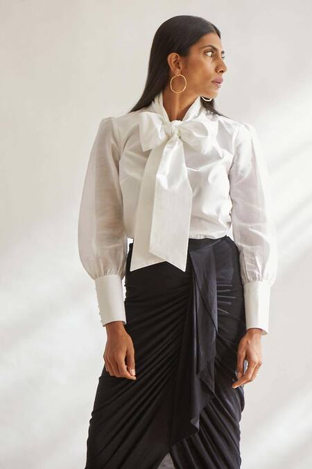 House Of Three_White Cotton, Chanderi Tie-up Sleeve Top _Online_at_Aza_Fashions