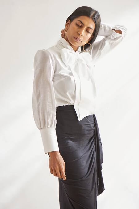Buy_House Of Three_White Cotton, Chanderi Tie-up Sleeve Top _Online_at_Aza_Fashions