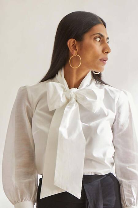Shop_House Of Three_White Cotton, Chanderi Tie-up Sleeve Top _Online_at_Aza_Fashions