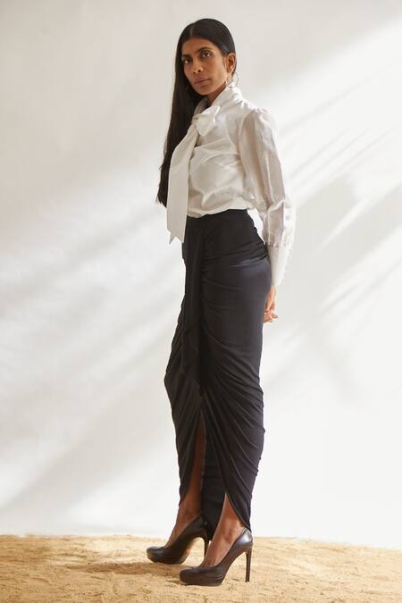 Buy House Of Three Black Viscose Draped Skirt Online at Aza Fashions Buy_House Of Three_Black Viscose Draped Skirt _Online_at_Aza_Fashions