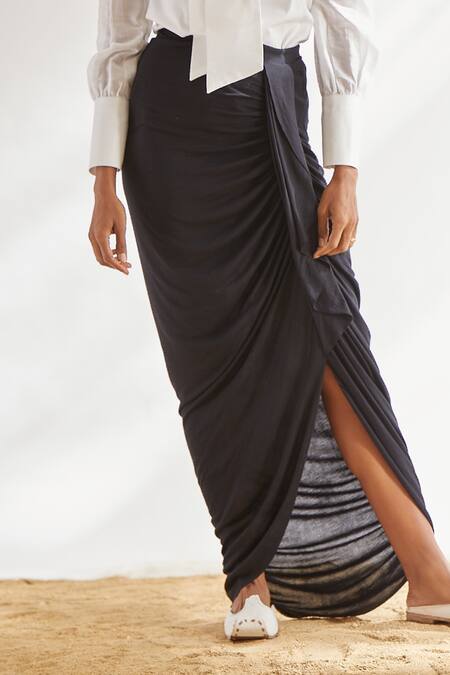 Shop House Of Three Black Viscose Draped Skirt Online at Aza Fashions Shop_House Of Three_Black Viscose Draped Skirt _Online_at_Aza_Fashions