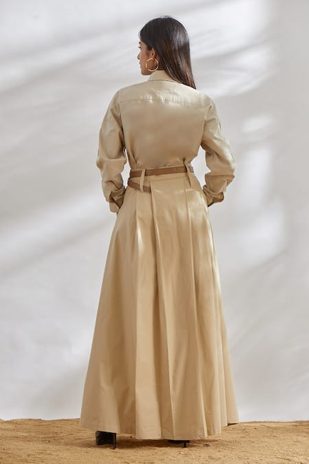 Shop House Of Three Beige Cotton Poplin Pleated Maxi Skirt at Aza Fashions Shop_House Of Three_Beige Cotton Poplin Pleated Maxi Skirt _at_Aza_Fashions