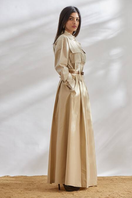 House Of Three Beige Cotton Poplin Pleated Maxi Skirt Online at Aza Fashions House Of Three_Beige Cotton Poplin Pleated Maxi Skirt _Online_at_Aza_Fashions