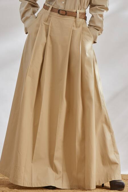Buy House Of Three Beige Cotton Poplin Pleated Maxi Skirt Online at Aza Fashions Buy_House Of Three_Beige Cotton Poplin Pleated Maxi Skirt _Online_at_Aza_Fashions